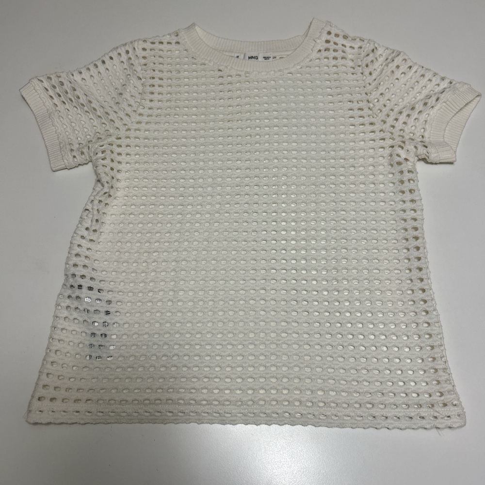 Mango women’s white openwork  KNIT Crochet top summer short sleeve Medium